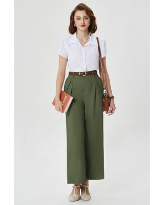 Belle Poque High Waisted Wide Leg Pleated Dress Pants Vintage Loose Baggy Straight Business Work Palazzo Pants Trousers X-Large Olive Green