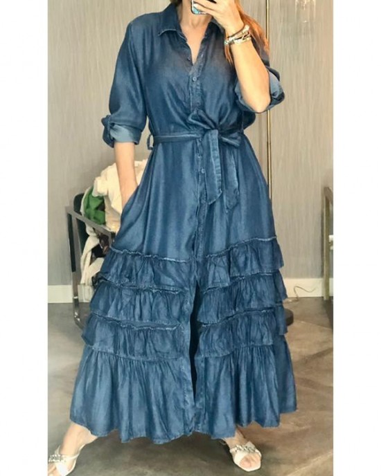 Stylish Pleated Layered Denim Dress Stylish Pleated Layered Denim Dress
