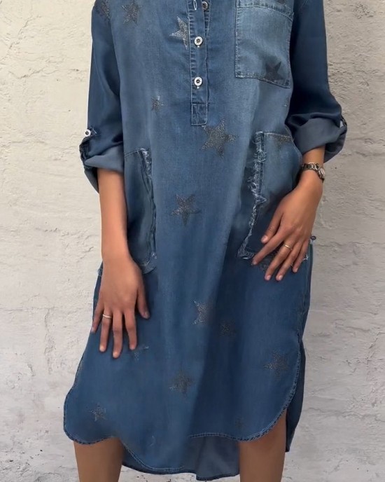 Star Pattern Denim Half Collar Dress Star Pattern Denim Half Collar Dress