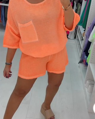 Casual Cotton and Linen Crew Neck Shorts Two-piece Suit