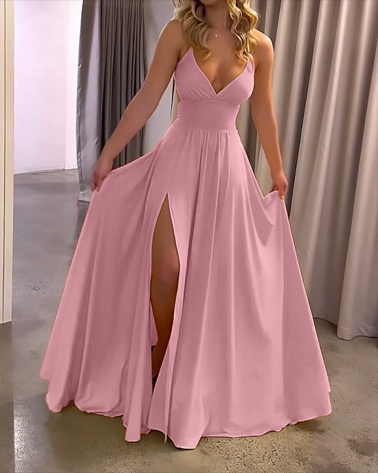 Strap Solid Color Slit Dress Strap Solid Color Slit Dress