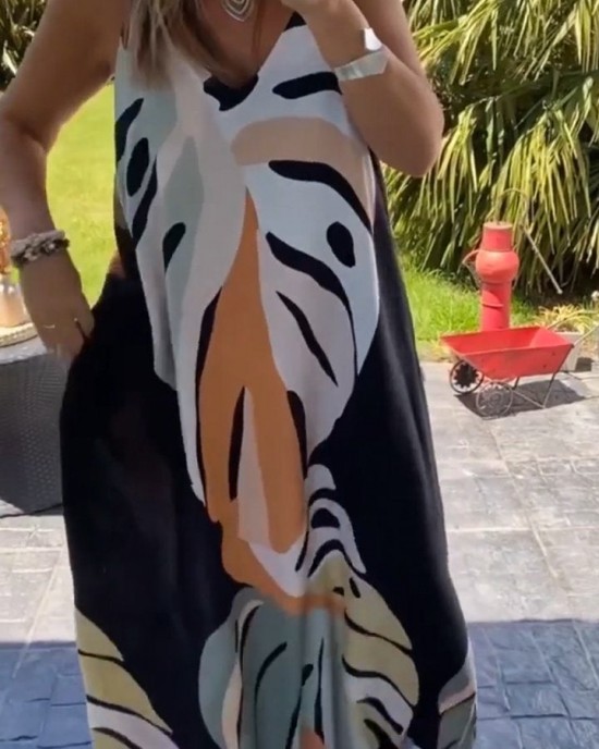 Casual V-neck Printed Long Dress Casual V-neck Printed Long Dress