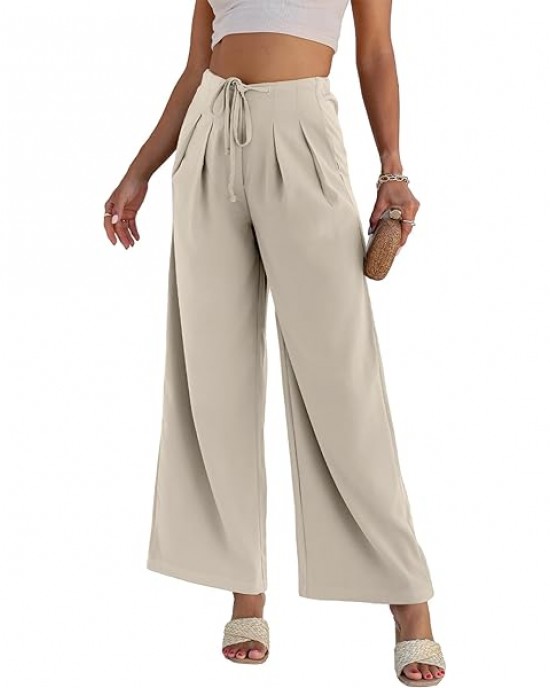 EVALESS Womens High Waisted Straight Leg Long Palazzo Pants Casual Business Office Work Trousers Medium Khaki