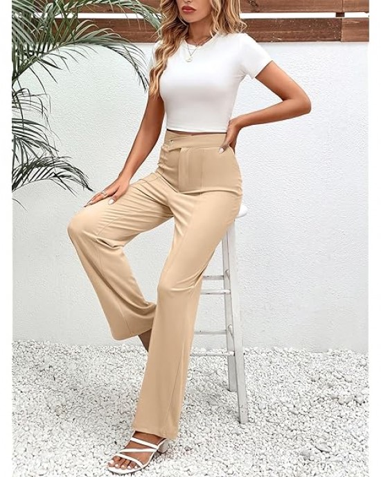 Womens Wide Leg Business Pants High Waisted Straight Long Suit Trousers Large Khaki Womens Wide Leg Business Pants High Waisted Straight Long Suit Trousers Large Khaki