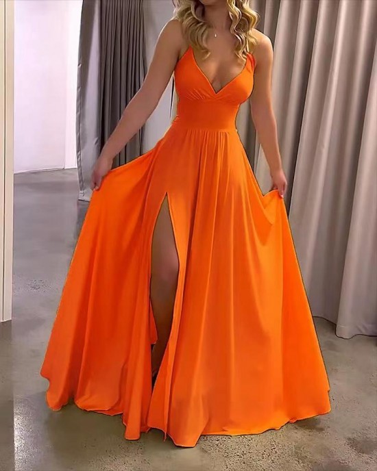 Strap Solid Color Slit Dress Strap Solid Color Slit Dress
