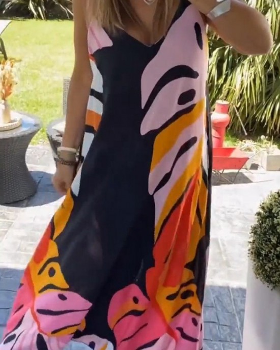 Casual V-neck Printed Long Dress Casual V-neck Printed Long Dress