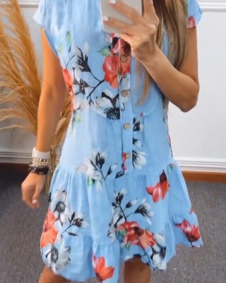 Casual Round Neck Half Button Printed Dress