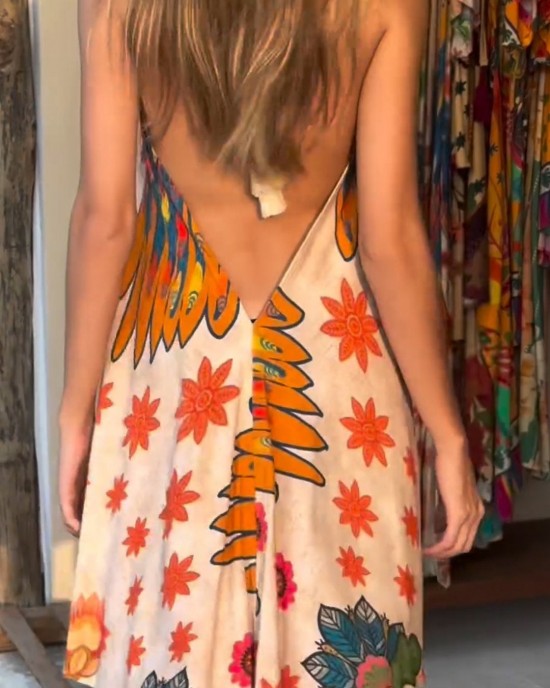Resort Style Deep V-neck Backless Printed Dress Resort Style Deep V-neck Backless Printed Dress