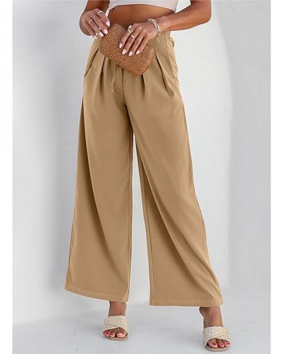 EVALESS Womens High Waisted Straight Leg Long Palazzo Pants Casual Business Office Work Trousers Medium Khaki