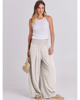ANRABESS Women Linen Palazzo Pants Summer Boho Wide Leg High Waist Casual Lounge Pant Trousers with Pockets Large Grey