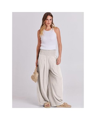 ANRABESS Women Linen Palazzo Pants Summer Boho Wide Leg High Waist Casual Lounge Pant Trousers with Pockets Large Grey