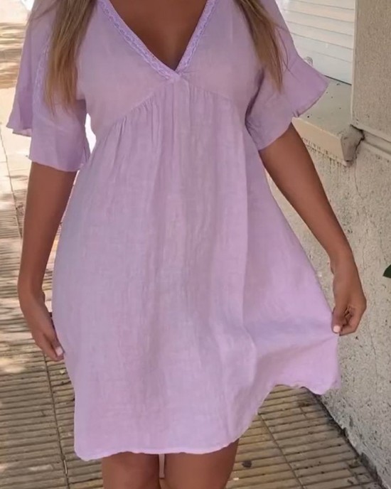 V-neck Cotton and Linen Short-sleeved Dress V-neck Cotton and Linen Short-sleeved Dress