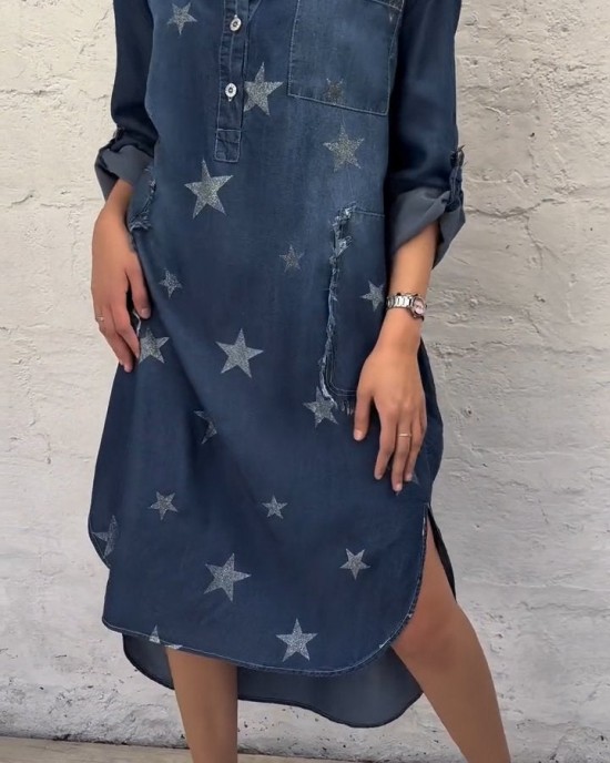 Star Pattern Denim Half Collar Dress Star Pattern Denim Half Collar Dress