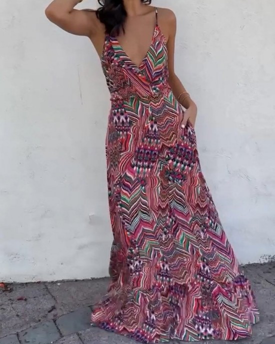 V-neck Printed Backless Strappy Dress V-neck Printed Backless Strappy Dress