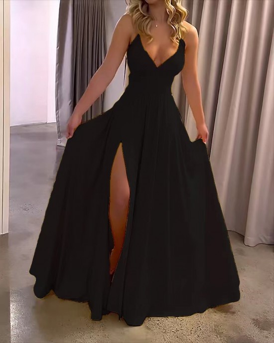 Strap Solid Color Slit Dress Strap Solid Color Slit Dress