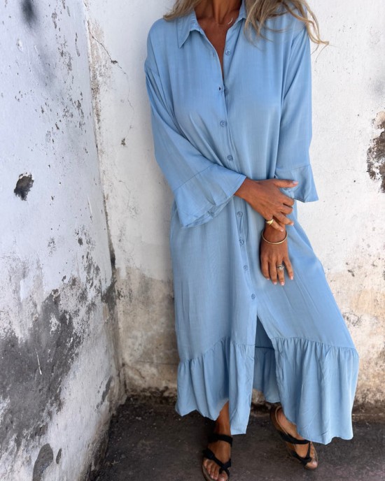 Lapel Ruffled Hem Button-up Shirt Dress Lapel Ruffled Hem Button-up Shirt Dress