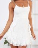 White Fashion Street Print Flounce Spaghetti Strap Sling Dresses White Fashion Street Print Flounce Spaghetti Strap Sling Dresses