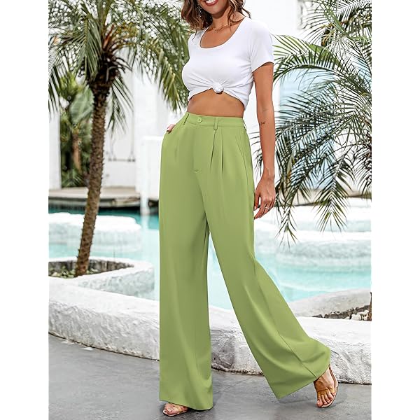 Women Casual Wide Leg Pants Button Down Straight Long Trousers Pants Elastic High Waist Dress Pants for Women Green 0 Women Casual Wide Leg Pants Button Down Straight Long Trousers Pants Elastic High Waist Dress Pants for Women Green 0