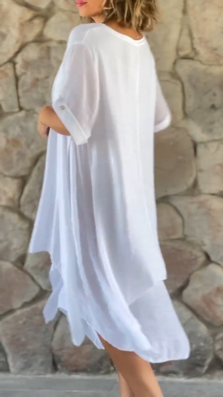 Cotton and linen fake two piece casual dress