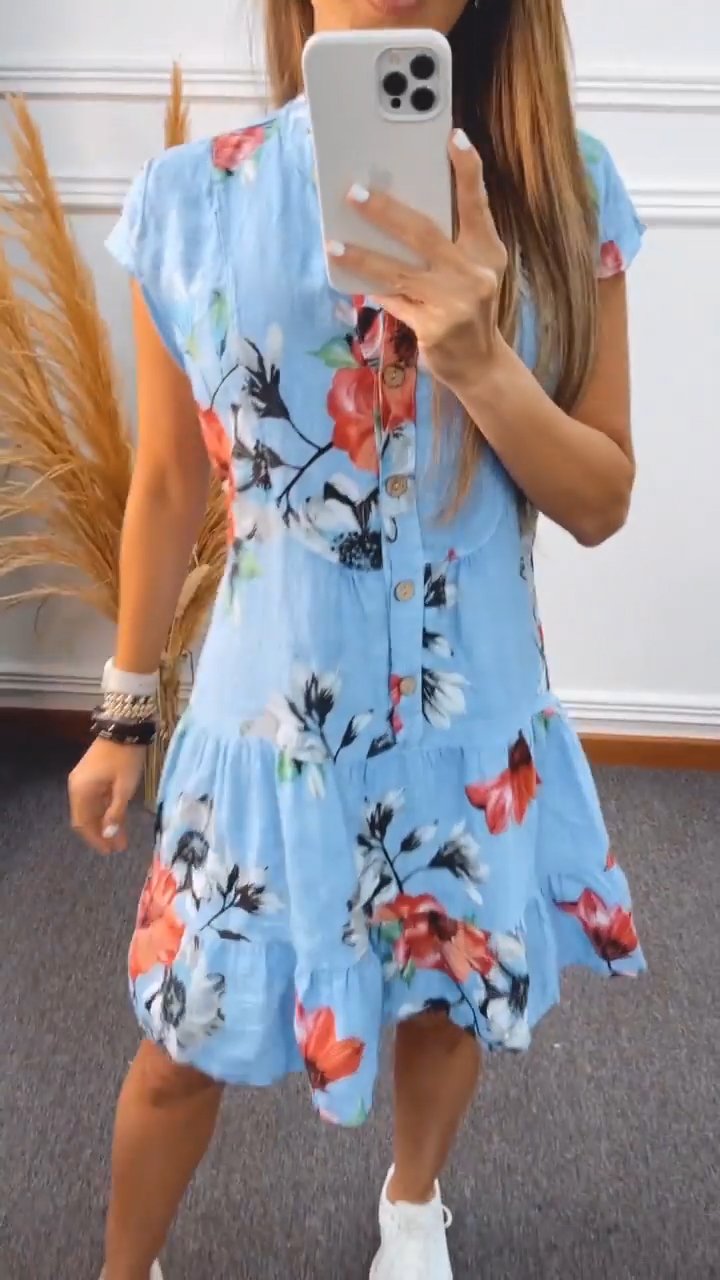 Casual Round Neck Half Button Printed Dress