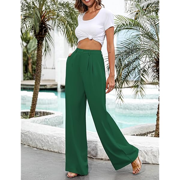 Women Casual Wide Leg Pants Button Down Straight Long Trousers Pants Elastic High Waist Dress Pants for Women Green 0 Women Casual Wide Leg Pants Button Down Straight Long Trousers Pants Elastic High Waist Dress Pants for Women Green 0